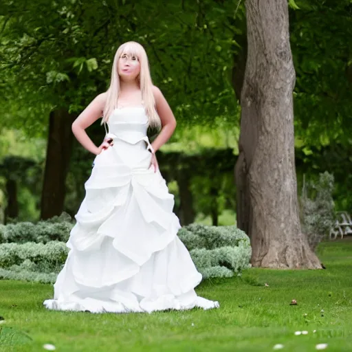 Prompt: a symmetric and beautiful face, professional full length high definition photo of a young blonde woman with twin tails and wedding dress posing in a park