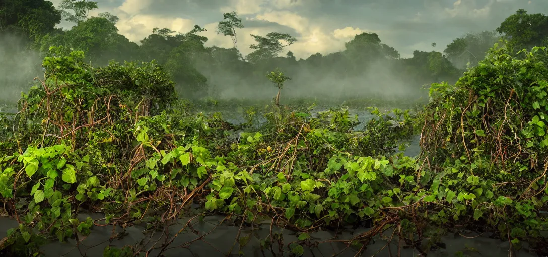 Prompt: A steamboat completely overgrown with vines, flowers, snakes, and exotic vegetation on the Amazon river. Beautiful photo by National Geographic. Photorealistic. Dusk colors. Volumetric lights. Mist. hyper-maximalistic, with high detail, cinematic, 8k resolution, beautiful detail, insanely complex details.