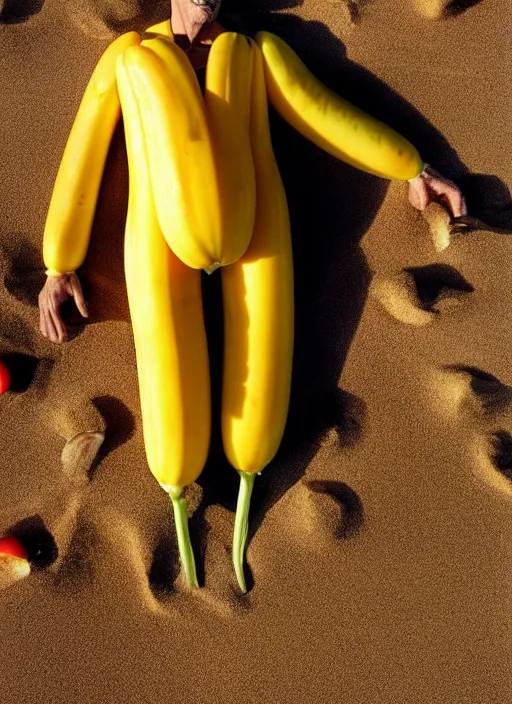 Image similar to jeff goldblum as a banana tomato on the sand of a beach