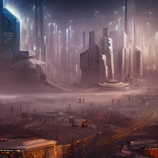 Image similar to sci - fi city with one large watchtower in the center shining a searchlight, dystopian, wide shot, digital art, detailed