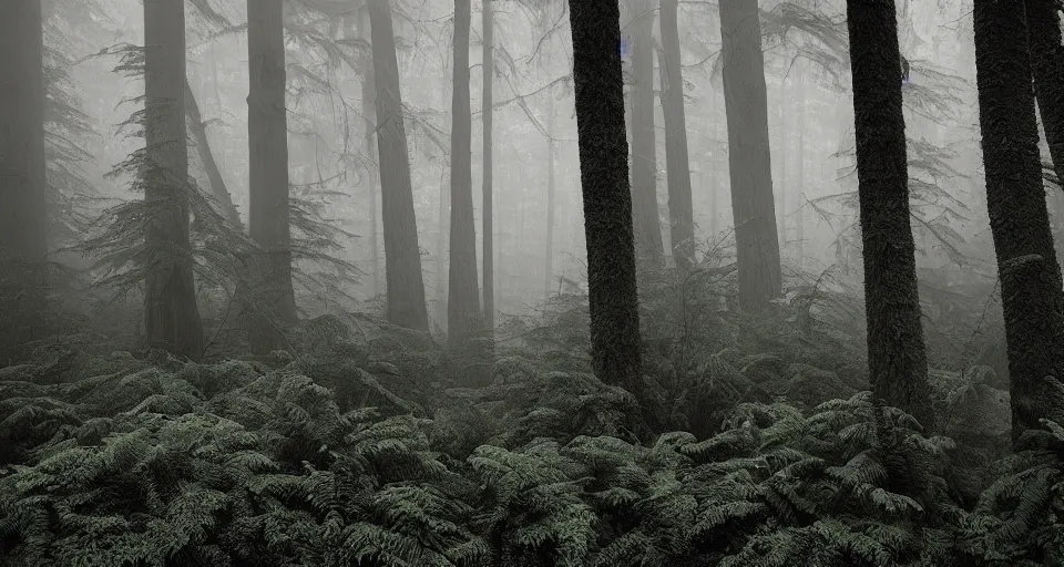 Prompt: deep inside the forest, fog, mist, moss, ferns, by ansel adams, polaroid