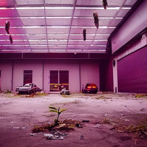 Image similar to a indoor abandoned parking lot with a farm runed by robots where they plant human heads, magenta lighting, neon, cyberpunk, art by Simon Stalenhag, cinematic, 4k