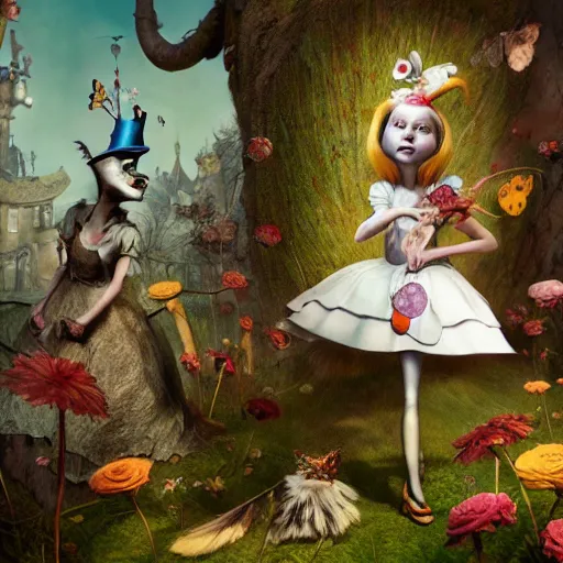 Prompt: alice in wonderland, by ray caesar and vincent callebaut and craola, trending on artstation hq, deviantart, pinterest, 4 k uhd image