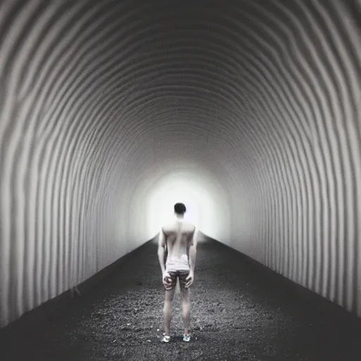 Image similar to kodak portra 1 6 0 photograph of a skinny guy standing in tunnel of light, flower crown, back view, moody lighting, moody vibe, telephoto, 9 0 s vibe, blurry background, tranquil, calm, faded!,