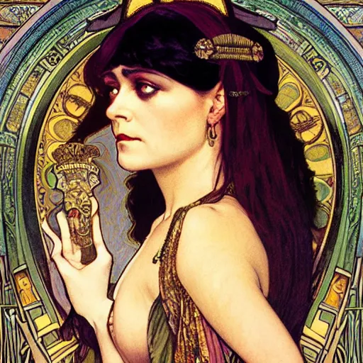 Prompt: realistic detailed face portrait of Theda Bara as Cleopatra by Alphonse Mucha, Ayami Kojima, Amano, Charlie Bowater, Karol Bak, Greg Hildebrandt, Jean Delville, and Mark Brooks, Art Nouveau, Neo-Gothic, gothic, rich deep colors