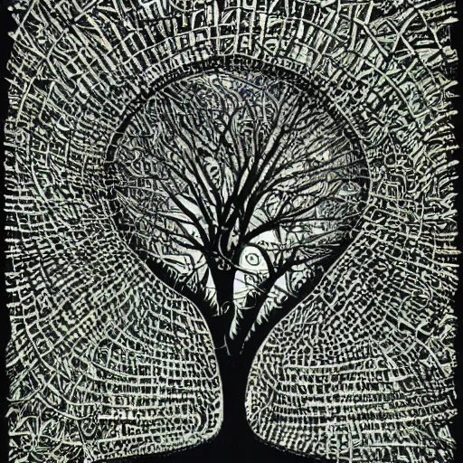 Prompt: the tree of knowledge, the tree of life, amazing art, organic complexity, digital art, incredible details, intrincate details, polygons, smooth network, by jackson pollock and hr giger