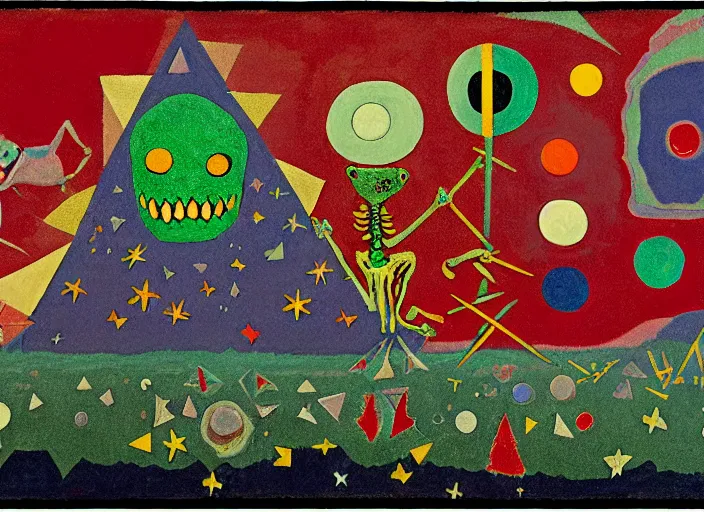 Image similar to pixel decollage painting tarot lovers card composition tower of babel road red armor wonky alien frog and maggot vampire clown knight on a skeleton pale horse in a dark green cloudy night sky with golden foil jewish stars and diamonds, mountain lake and blossoming field in background, painted by Mark Rothko, Helen Frankenthaler, Danny Fox and Hilma af Klint, pixelated, neo expressionism, semi naive, pastel colors, cinematic, color field painting, cave painting, voxel, pop art look, outsider art, minimalistic. Bill Traylor painting, part by Philip Guston, Amano and Francis Bacon. art by Adrian Ghenie and Storm Thorgerson, very coherent symmetrical artwork, cinematic, hyper realism, high detail, octane render, unreal engine, Smooth gradients, depth of field, full body character drawing, extremely detailed, 8k, extreme detail, intricate detail, masterpiece