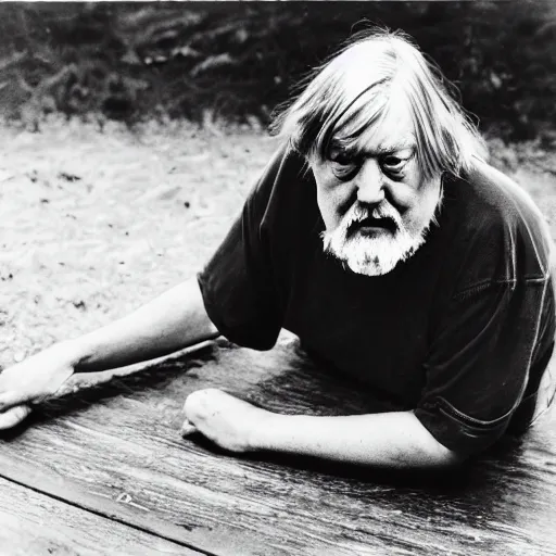 Prompt: robert wyatt gnawing on a long plank of wood, black and white photograph