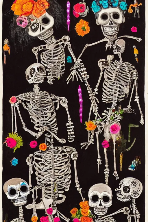 Image similar to scene from wedding, day of the dead, cyber skeletons, queen in black silk in the center, neon painting by otto dix