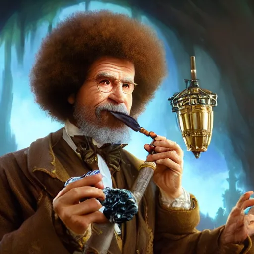 Image similar to an ultra detailed magic the gathering card of bob ross smoking a pipe and dressed as a fantasy bard, d & d, epic fantasy, concept art by alphonse mucha and greg rutkowski, octane render, 8 k, detailed face