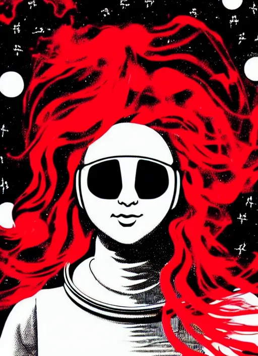 Prompt: highly detailed portrait of a hopeful pretty astronaut lady with a wavy blonde hair, by Barbara Kruger, 4k resolution, nier:automata inspired, bravely default inspired, vibrant but dreary but upflifting red, black and white color scheme!!! ((Space nebula background))