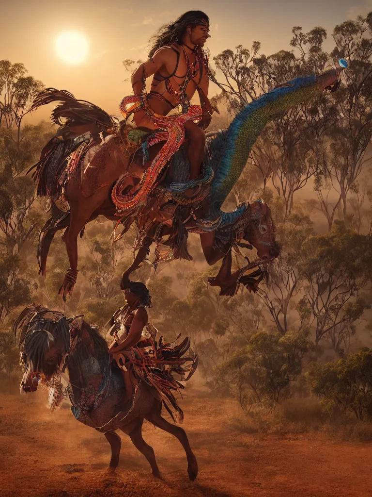 Prompt: a mystical aboriginal riding the rainbow serpent through outback australia, by viktoria gavrilenko, octane render, 8 k, beautifully lit