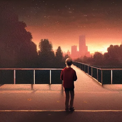 Prompt: a lonely boy on a city bridge looking to the river at night, digital painting, masterpiece, digital art, hyperrealistic, concept art, octane render, unreal engine 5, trending on deviantart, sad atmosphere, centered, anatomically correct, oil painting, high contrast, serene scenery, loneliness, path traced, dark night, paul lehr