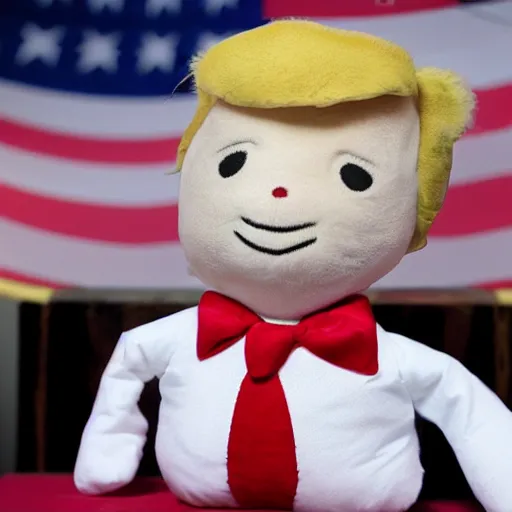 Image similar to donald trump as a plushy toy with prisoner clothes on