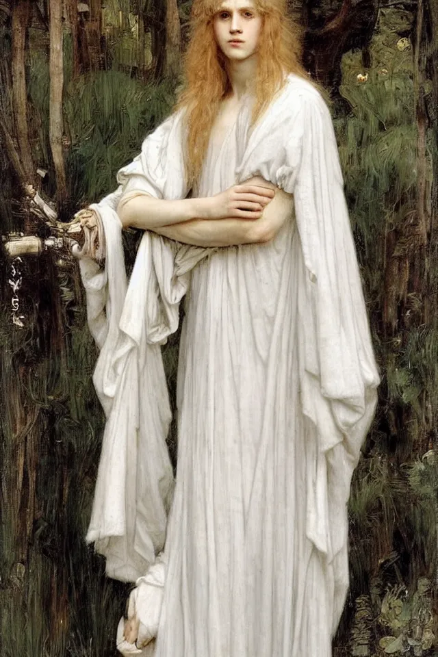 Image similar to beautiful blond androgynous prince Lucius in white robes by john william waterhouse, preraphaelite style, long fluffy blond curly hair, pale porcelain white skin, detailed, defined, chiaroscuro