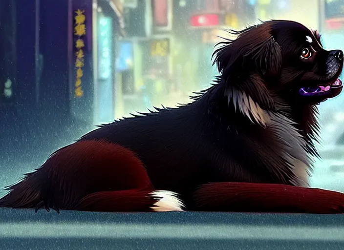 Image similar to a wholesome animation key shot of a black tibetan spaniel, laying down, sad, on a wet tokyo street, studio ghibli, pixar and disney animation, sharp, rendered in unreal engine 5, anime key art by greg rutkowski, bloom, dramatic lighting