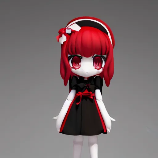 Image similar to cute fumo plush of a gothic maiden in a red and black uniform, laces and ribbons, soft shadow, anime girl, vray, white frame