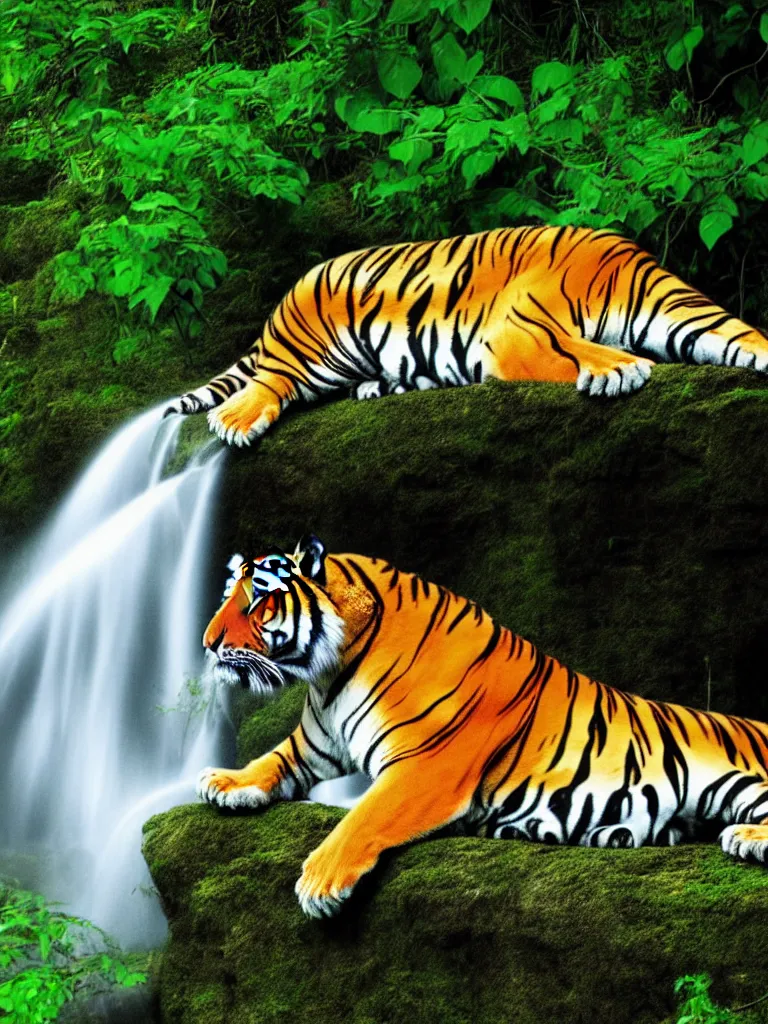 Prompt: high resolution 4k Tiger sleeping, jungle, waterfall, vines, river, mist Dark sky