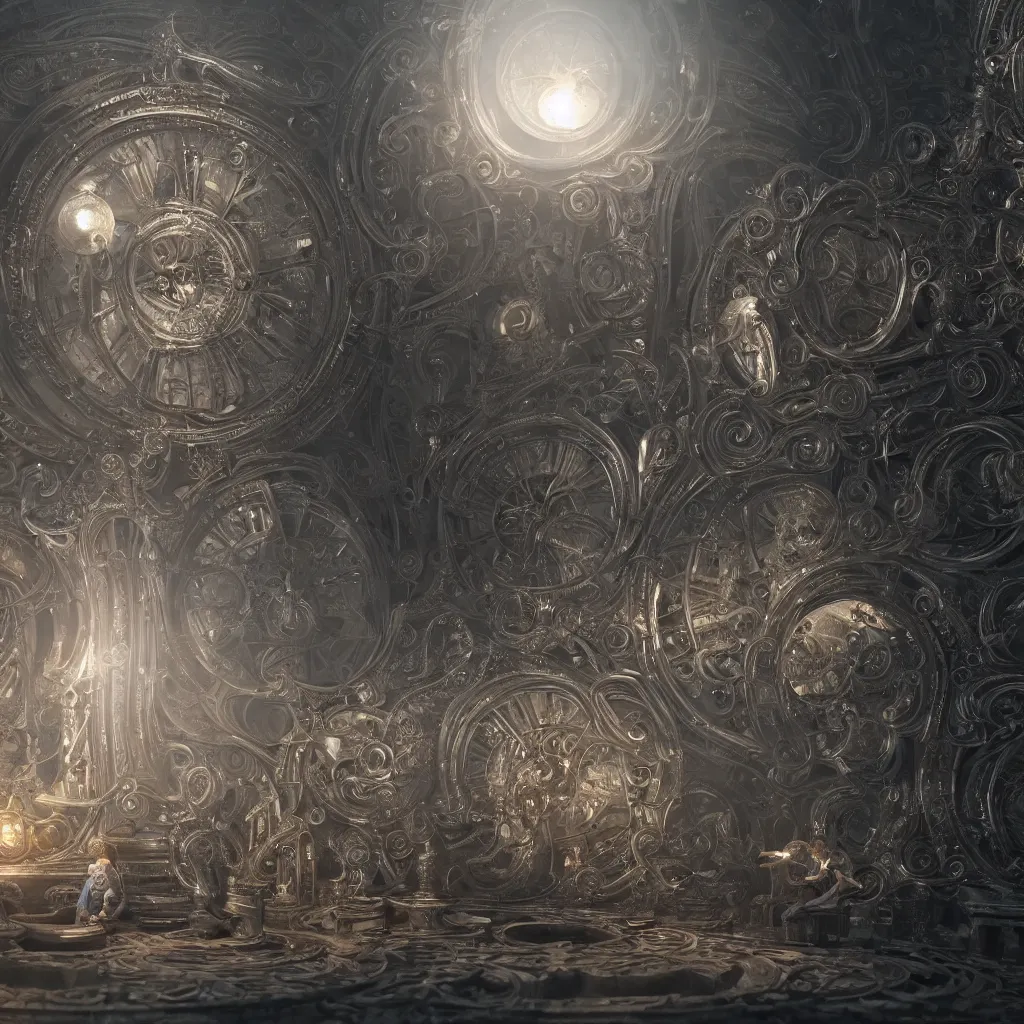 Image similar to time machine, silver mechanical fantasy, intricate, elegant, highly detailed, digital painting, concept art, smooth, sharp focus, illustration, divine realm of gods, realistic cinematic style, filmed in 70mm, volumetric lighting, octane render, photographic, concept art, artist Leonardo DaVinci, unreal engine 8k