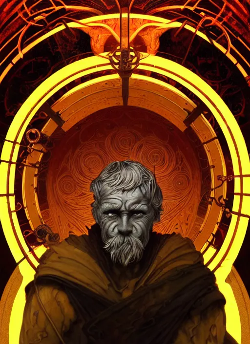 Image similar to the god hephaestus, old man, ash hair, glowing eyes, volumetric lights, yellow and red scheme, art nouveau botanicals, gothic, intricate, highly detailed, digital painting, artstation, concept art, smooth, sharp focus, symmetric face, illustration, steampunk, art by artgerm and greg rutkowski and alphonse mucha