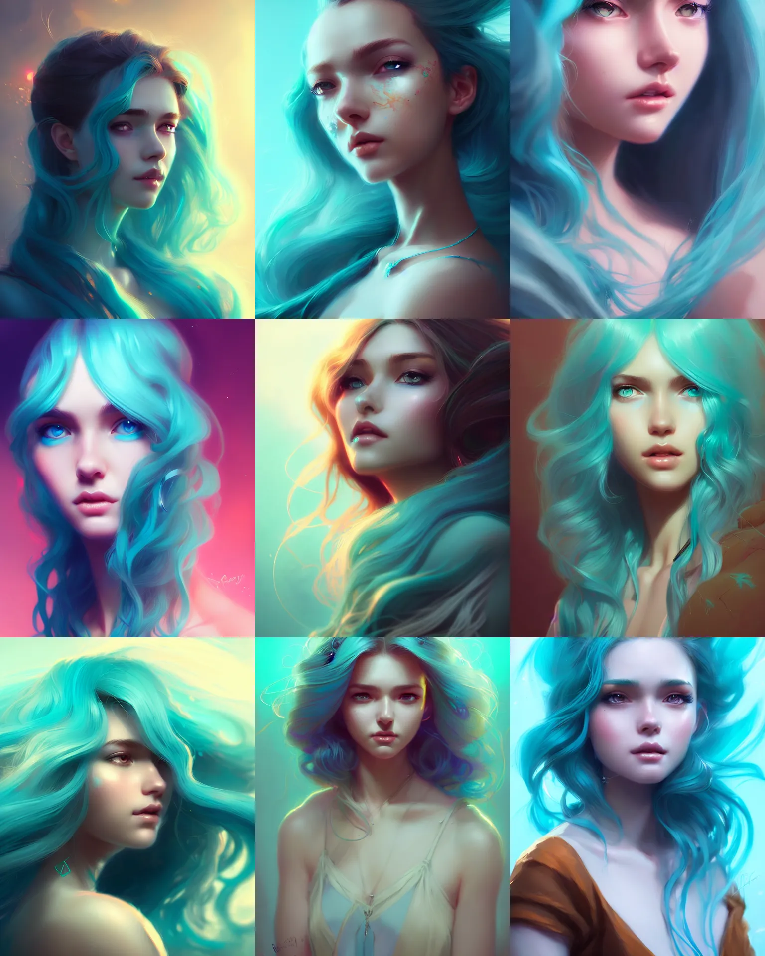 Prompt: portrait of a beautiful girl, flowy turquoise hair, cinematic lighting, highly detailed, digital painting, trending on artstation, pixiv, concept art, sharp focus, illustration, art by ross tran and wlop