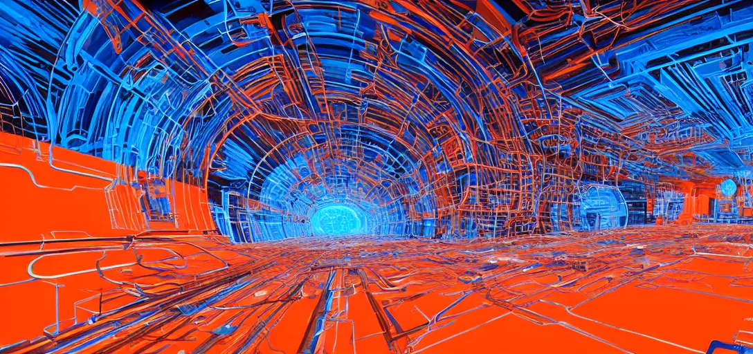 Image similar to sci - fi mothership interior or exteror - machinery, tubes wires path intricate matte painting masterpiece orange blue warm tones quiet