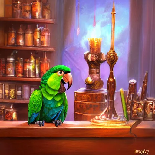 Image similar to Magic the gathering artwork of Anthropomorphized parrot trader in his shop, shelves full, selling a gem, portrait, items, magic potions, carpet, window, fancy funny hat, sly expression , cunning expression, cute expression, presenting magic gem, D&D, fantasy, cinematic lighting, highly detailed, digital painting, artstation, concept art, smooth, sharp focus, illustration, warm light, cozy warm tint, magic the gathering artwork, volumetric lighting, 8k, no gold, no gold colours, art by Akihiko Yoshida and Greg Rutkowski