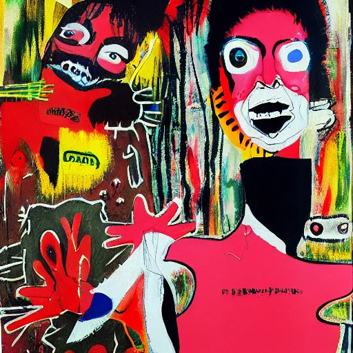 Image similar to acrylic painting of two bizarre psychedelic goth women kissing in japan in a lot of trouble, speculative evolution, mixed media collage by basquiat and jackson pollock, maximalist magazine collage art, sapphic art, psychedelic illustration