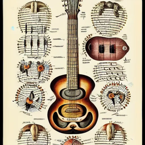 Image similar to anatomical diagram of a guitar, by maria sibylla merian