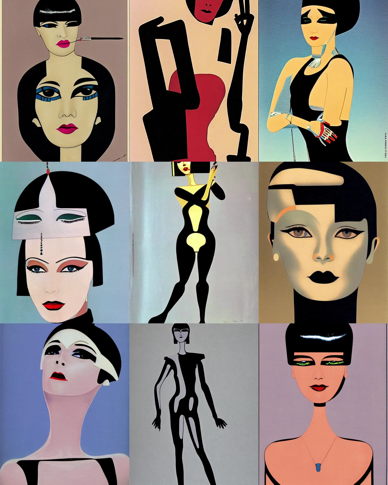 Prompt: mary louise brooks, egyptian makeup, 1 9 8 0 s, chrome outfit, airbrush, robot arms, black shiny bob haircut, by patrick nagel, art deco style