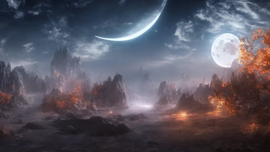 Image similar to moon, fantasy artwork, very very very beautiful scenery, hd, hdr, ue 5, ue 6, unreal engine 5, cinematic 4 k wallpaper, 8 k, ultra detailed, high resolution, artstation, award winning