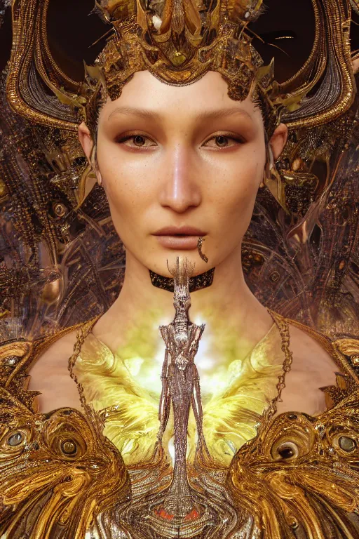 Prompt: a highly detailed metahuman 4 k close up render of an alien goddess bella hadid as durga in iris van herpen dress schiaparelli in diamonds swarovski and jewelry in style of alphonse mucha gustav klimt trending on artstation made in unreal engine 4