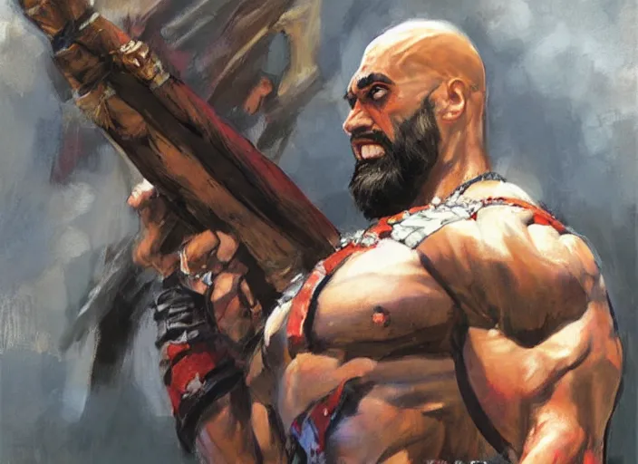 Image similar to a highly detailed beautiful portrait of the rock as kratos, by gregory manchess, james gurney, james jean