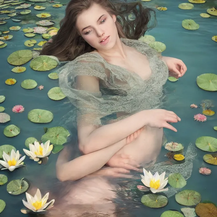 Image similar to Kodak Portra 400, 8K, soft light, volumetric lighting, highly detailed, britt marling style 3/4, photo close-up portrait of extreme beautiful girl floating in water surrounded by lily pads, half face in the water, a beautiful lace dress and hair are intricate with highly detailed realistic beautiful flowers , Realistic, Refined, Highly Detailed, natural outdoor soft pastel lighting colors scheme, outdoor fine art photography, Hyper realistic, photo realistic