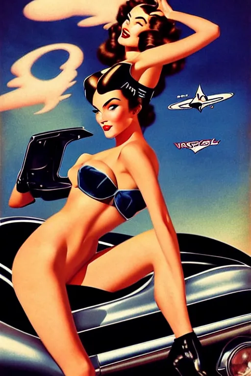 Image similar to beautiful retro space megan fox varga girl sitting on a corvette in diesel punk city, windblown dark hair, retro pinup model, seductive, 1 9 4 0, glamour pose, intricate, smoke, hyper detailed, digital art, smooth, sharp focus, alberto vargas, gil elvgren, greg rutkowski