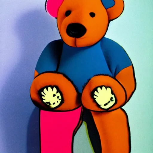 Image similar to a teddy bear, fashion model, by andy warhol, bi colors, masterpiece composition, amazing graphic