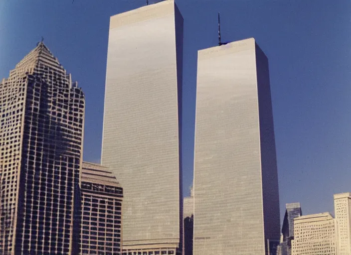 Prompt: 1 9 9 0 s polaroid of the twin towers wtc