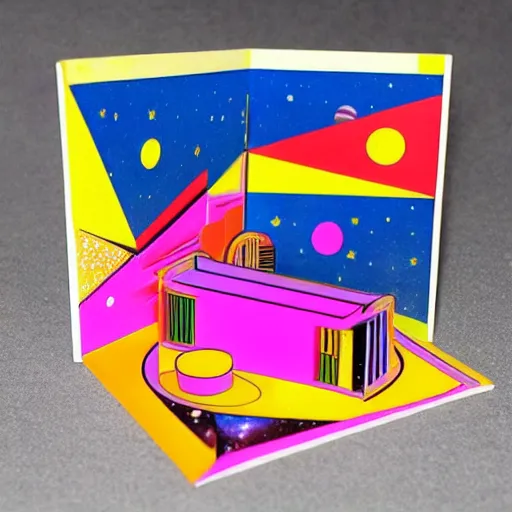 Prompt: Liminal space in outer space (((Googie Kitsch aesthetic colorful isometric with neon lights))) Pop-up book!!!!