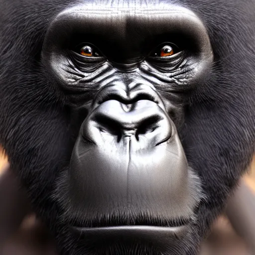 Prompt: amazing portrait of smile gorilla, 1 0 0 mm, natural lighting, hyper realistic