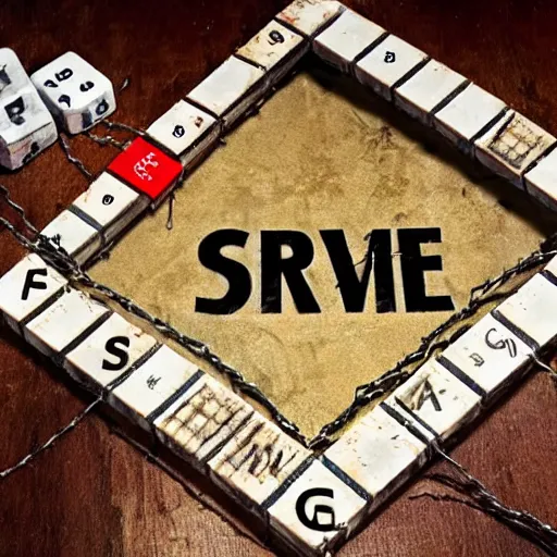 Prompt: gritty realistic scrabble board with pieces made out of metal and barbed wire with caution tape around the edges