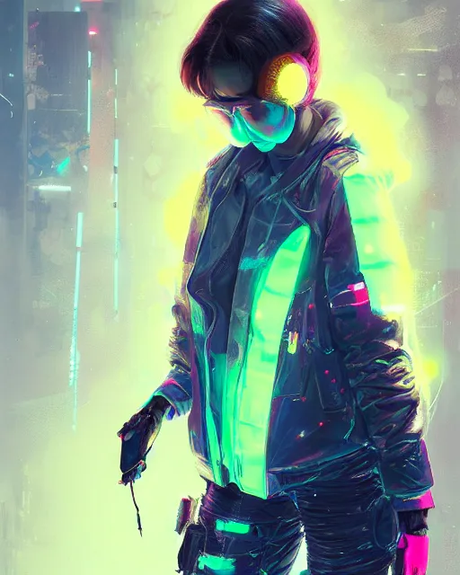 Image similar to detailed full body portrait Neon Operator Girl, cyberpunk futuristic neon, reflective puffy coat, decorated with traditional Japanese ornaments by Ismail inceoglu dragan bibin hans thoma greg rutkowski Alexandros Pyromallis Nekro Rene Maritte Illustrated, Perfect face, fine details, realistic shaded, fine-face, pretty face