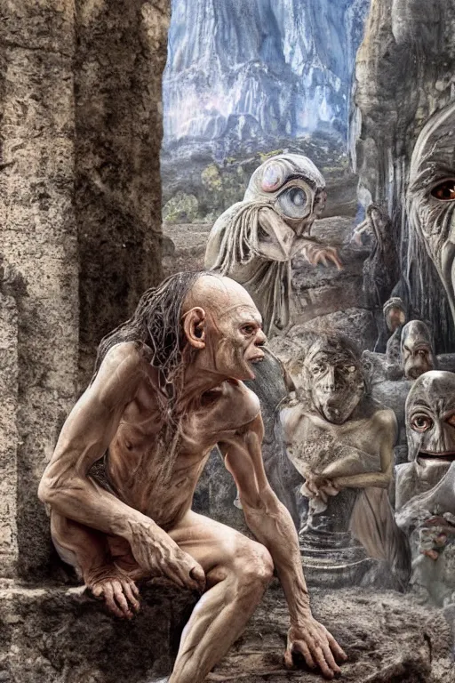 Image similar to gollum visits ancient athens, oil on canvas, intricate, 8 k highly professionally detailed, hdr, cgsociety