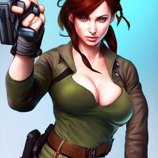 Image similar to concept art illustration of young christina hendricks natalie portman as lara croft anime protagonist, art by artgerm and rosstran