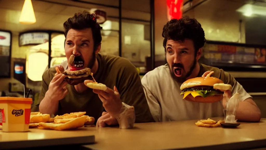 Prompt: the strange creature eats a cheeseburger, at the fast food restaurant, film still, directed by david cronenberg studio lighting, extremely professional