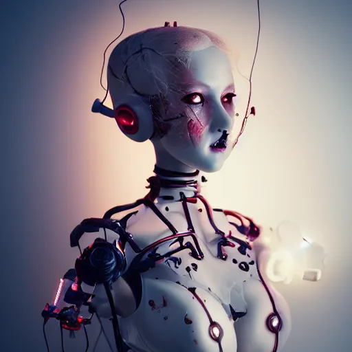 Prompt: Gorgeous feminine porcelain doll with cracking skin and machine parts, glowing red eyes, full body portrait, wires, cyborg, beautiful shattered porcelain skin, gothic, steampunk, glowing red eyes, magic runes, feminine anatomy, witchcraft, hex, shadows, cinematic lighting, octane render, 8k high detail