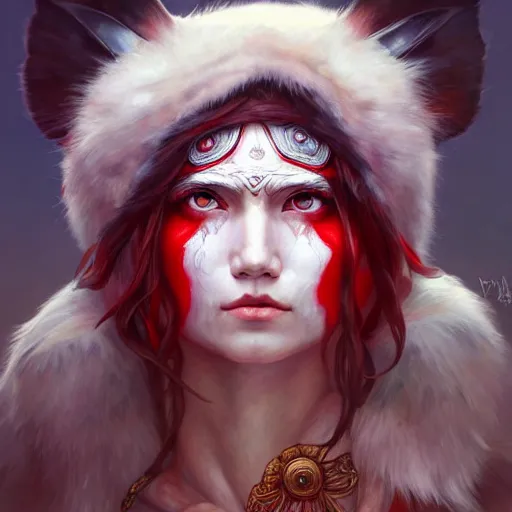 Image similar to Portrait of Princess Mononoke with red facepaint under her eyes, white fur, face, fantasy, intricate, elegant, highly detailed, digital painting, artstation, concept art, smooth, sharp focus, illustration, art by Fernanda Suarez and Artem Demura and alphonse mucha