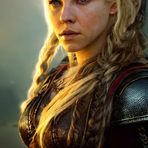 Image similar to portrait art of katheryn winnick, lagertha, vikings, 8 k ultra realistic, lens flare, atmosphere, glow, detailed, intricate, full of colour, cinematic lighting, trending on artstation, 4 k, hyperrealistic, focused, extreme details, unreal engine 5, cinematic, masterpiece