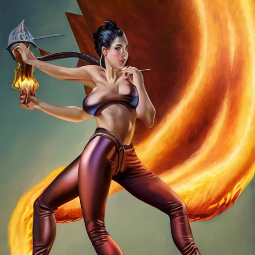 Image similar to a realistic airbrush painting of a nice looking girl with beautiful forms and skin-tight shiny leather leggings fighting a giant, flames spitting dragon with her sword, in style by hajime sorayama and boris vallejo, trending on artstation, 4K