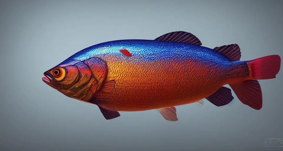 Image similar to a beautiful painting of a redfin perch, octane render, brilliantly coloured, intricate, ultra wide angle, trending on artstation, black light, volumetric lighting, ray lighting from top of frame, crepuscular ray lighting from above, dynamic lighting, muted colors, polished, micro details, ray tracing, 8 k