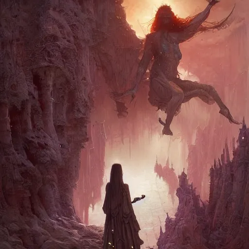 Image similar to fantasy painting with a woman in a surreal environment by Greg Rutkowski and Michael Whelan w 1024